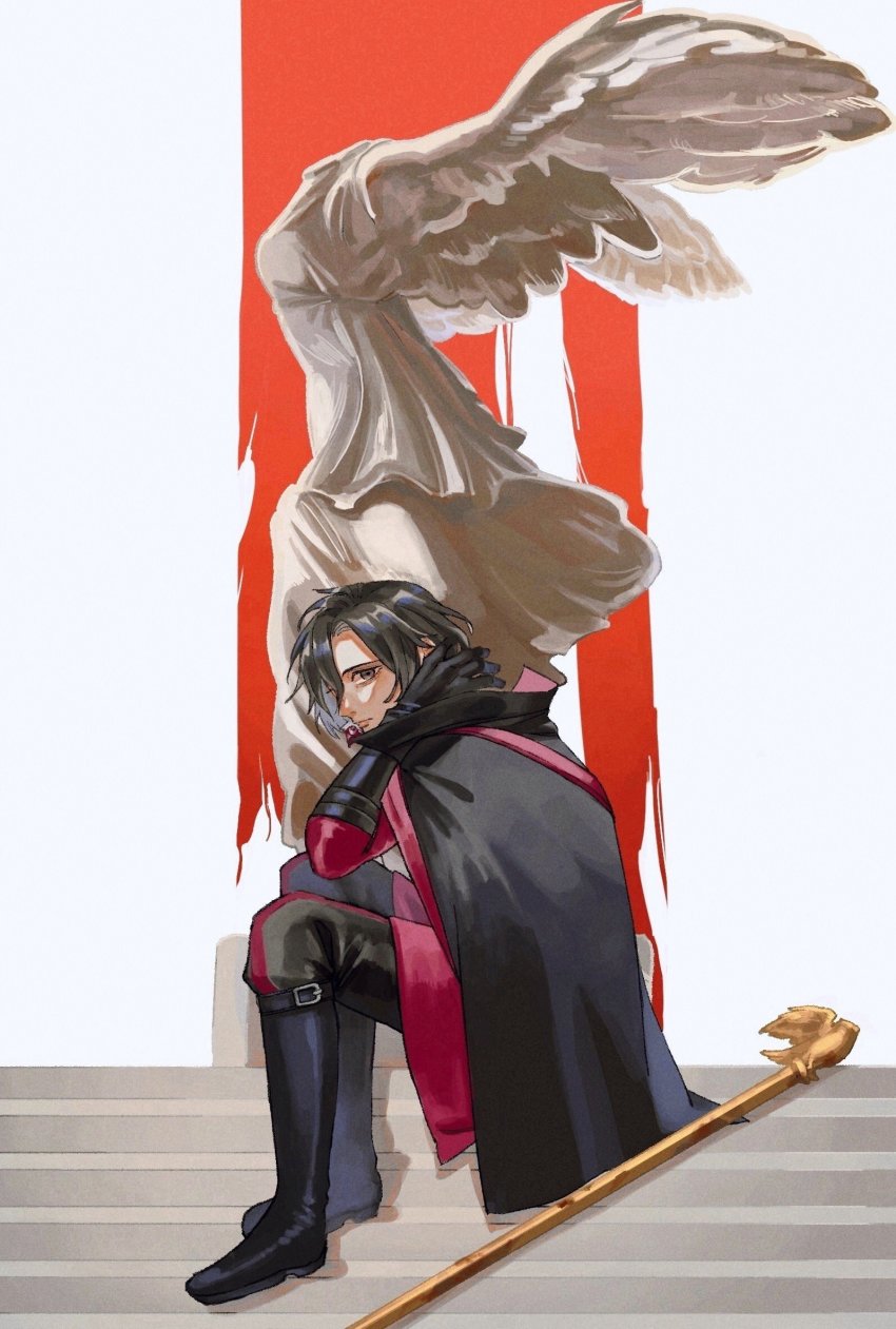 1boy, :|, black_cape, black_footwear, black_gloves, black_hair, cape, cheeeeese0619, closed_mouth, commentary_request, constantine_xi_(fate), constantine_xi_(second_ascension)_(fate), earrings, expressionless, fate/grand_order, fate_(series), from_side, full_body, gloves, highres, jewelry, long_sleeves, looking_at_viewer, male_focus, medium_hair, pants, sculpture, simple_background, sitting, solo, wings, yellow_eyes