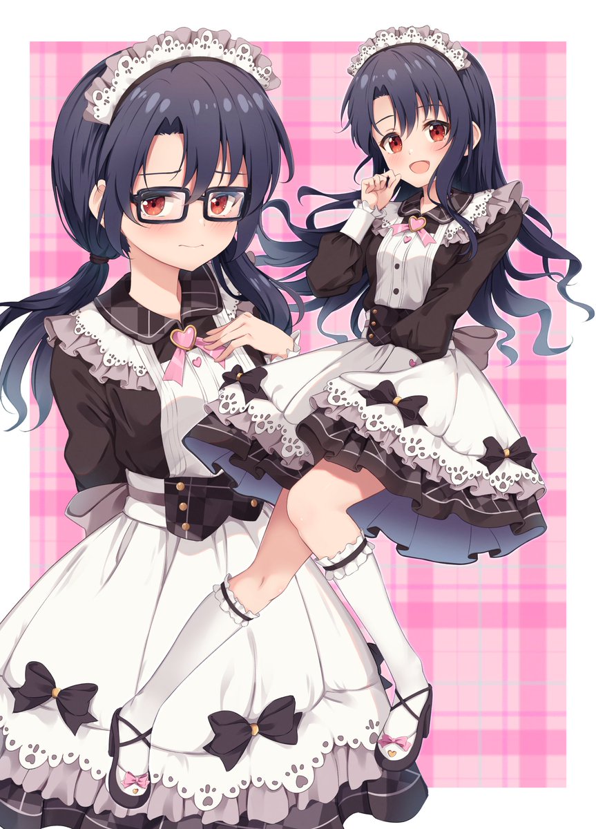 1girl, alternate_costume, apron, arm_behind_back, black-framed_eyewear, black_dress, black_hair, blush, dress, dual_persona, enmaided, fortune_brownie_(idolmaster), glasses, highres, idolmaster, idolmaster_million_live!, idolmaster_million_live!_theater_days, long_hair, low_twintails, maid, maid_apron, maid_headdress, miso_(misomiso_154), official_alternate_costume, plaid_background, red_eyes, takayama_sayoko, twintails
