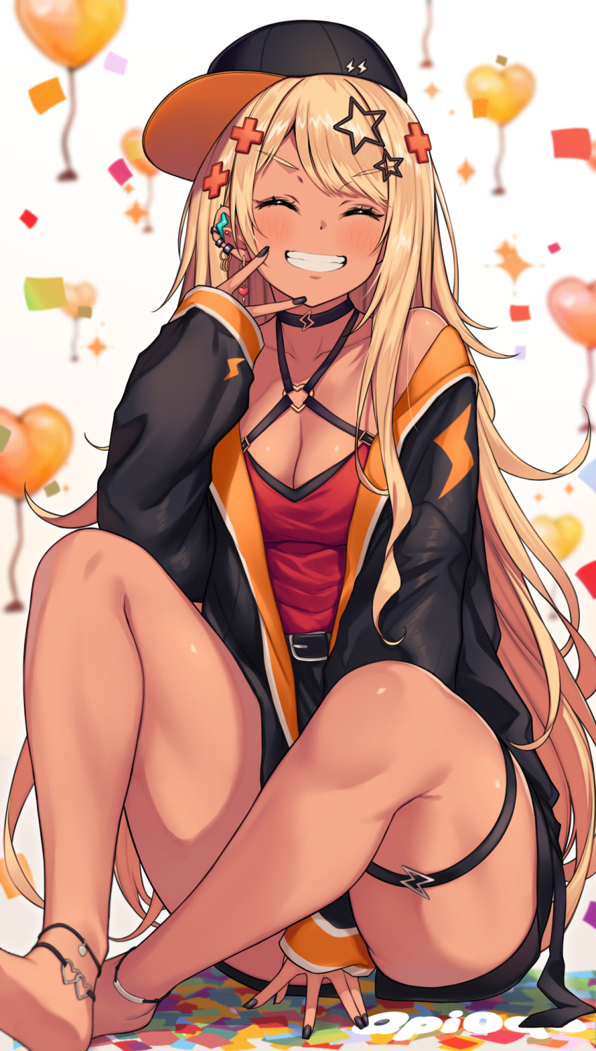 1girl, amekaji_gyaru, anklet, arm_between_legs, balloon, barefoot, black_choker, black_headwear
