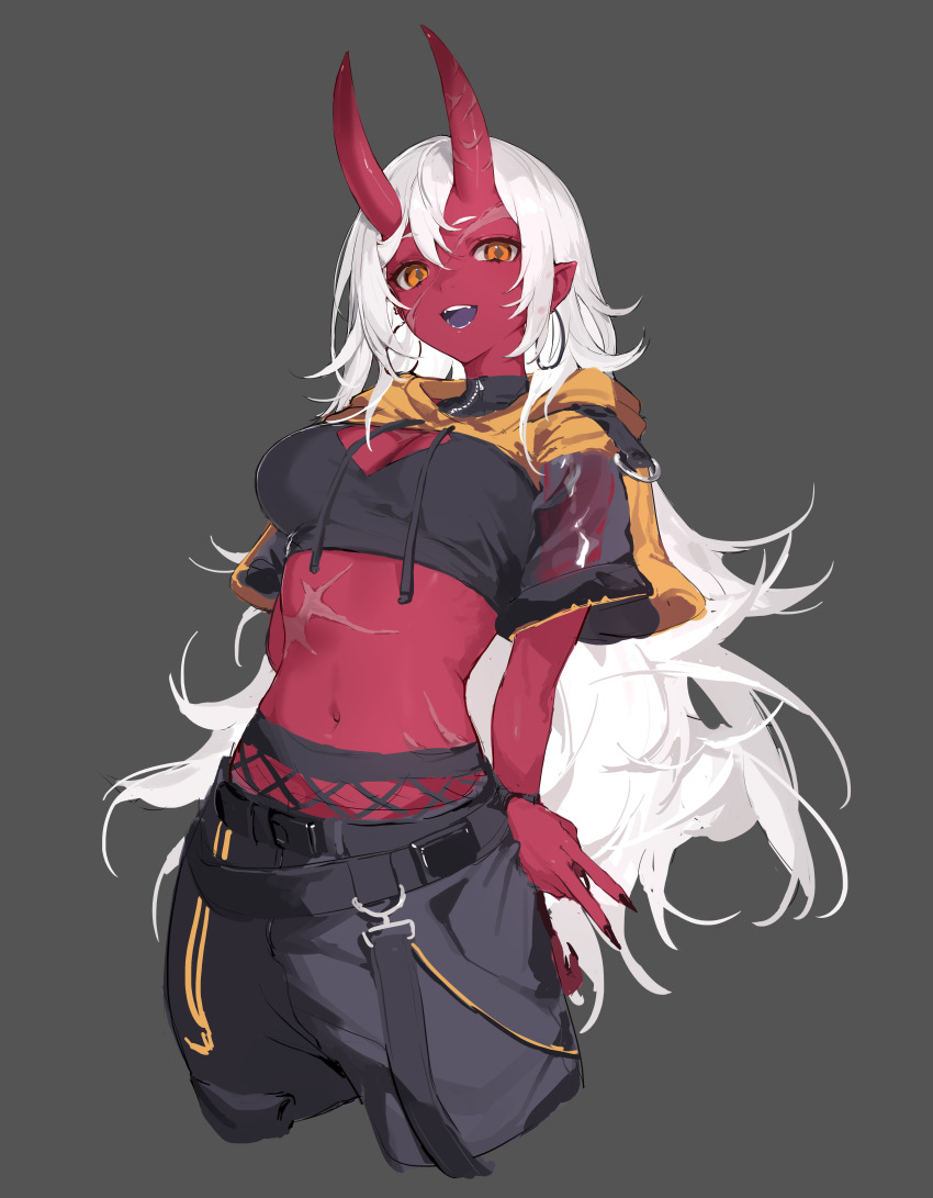 1girl, absurdres, akumi_(yoclesh), arm_behind_back, black_nails, black_pants, breasts, cleavage, colored_skin, crop_top, fingernails, grey_background, hair_between_eyes, highres, horns, long_fingernails, long_hair, looking_at_viewer, medium_breasts, midriff, nail_polish, navel, open_mouth, orange_eyes, pants, pointy_ears, red_skin, scar, scar_on_face, scar_on_stomach, shisantian, short_hair, simple_background, skin-covered_horns, solo, teeth, virtual_youtuber, vyugen, white_hair