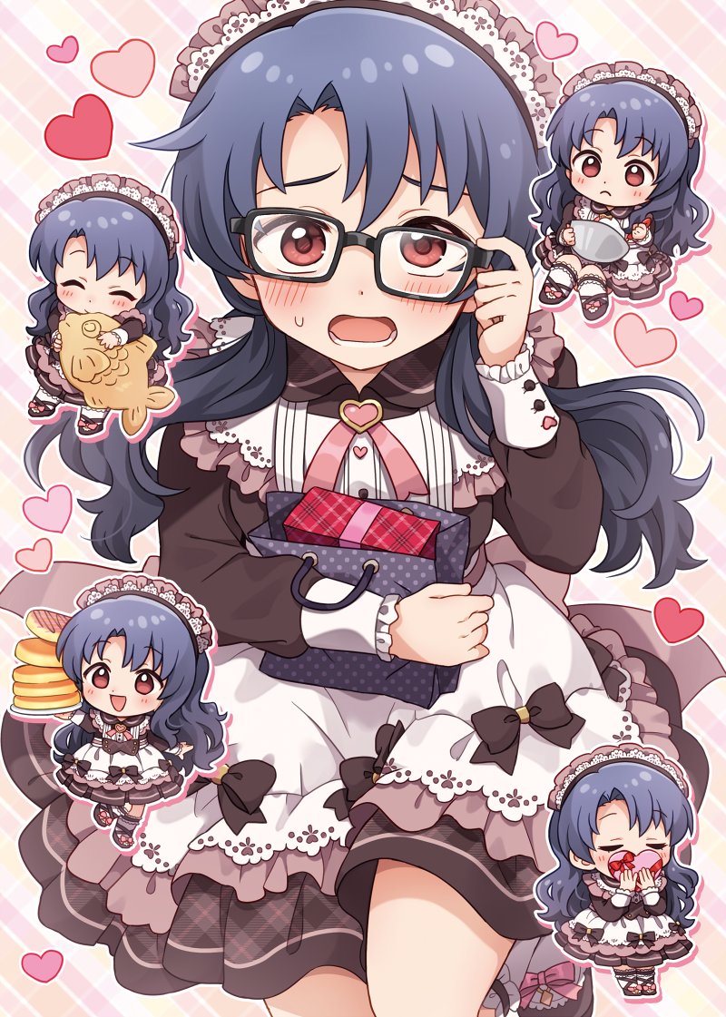 1girl, adjusting_eyewear, alternate_costume, apron, black_hair, box, chibi, enmaided, food, fortune_brownie_(idolmaster), gift, gift_box, glasses, heart-shaped_box, hiiringu, holding, holding_gift, idolmaster, idolmaster_million_live!, idolmaster_million_live!_theater_days, long_hair, looking_at_viewer, maid, maid_apron, maid_headdress, red_eyes, solo, taiyaki, takayama_sayoko, wagashi
