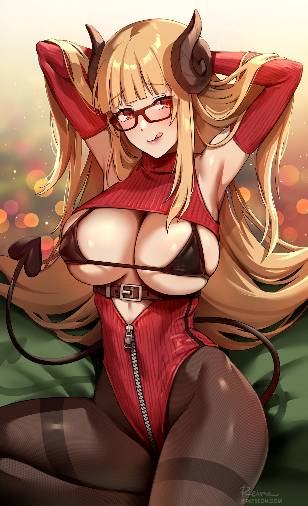 1girl, :q, armpits, arms_behind_head, arms_up, bare_shoulders, belt, bikini, black_bikini, blonde_hair, breasts, brown_pantyhose, cleavage, closed_mouth, covered_erect_nipples, curled_horns, demon_girl, demon_horns, demon_tail, detached_sleeves, foxyreine, framed_breasts, glasses, highleg, highleg_leotard, highres, horns, indie_virtual_youtuber, large_breasts, leotard, long_hair, looking_at_viewer, naughty_face, pantyhose, red-framed_eyewear, red_eyes, red_leotard, revealing_clothes, sitting, smile, solo, string_bikini, swimsuit, tail, tane_tenshi, thighband_pantyhose, tongue, tongue_out, very_long_hair, virtual_youtuber, zipper