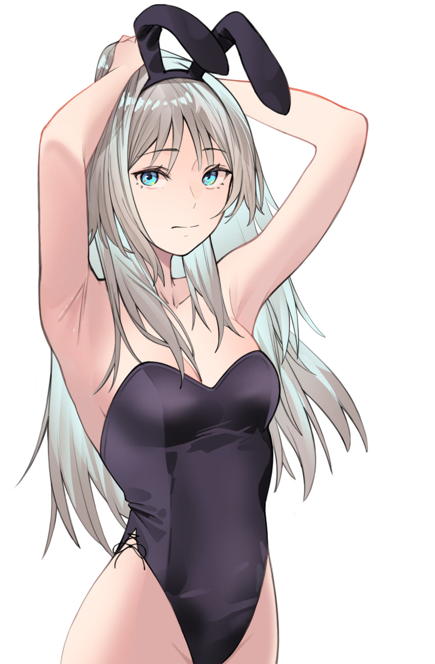 1girl, alternate_costume, an-94_(girls'_frontline), animal_ears, aqua_eyes, armpits, bare_shoulders, black_leotard, blonde_hair, breasts, cleavage, closed_mouth, collarbone, drawing, fake_animal_ears, feet_out_of_frame, girls'_frontline, hairband, hand_in_own_hair, highres, leotard, long_hair, looking_at_viewer, playboy_bunny, ponytail, rabbit_ears, small_breasts, solo, standing, talnory, white_background