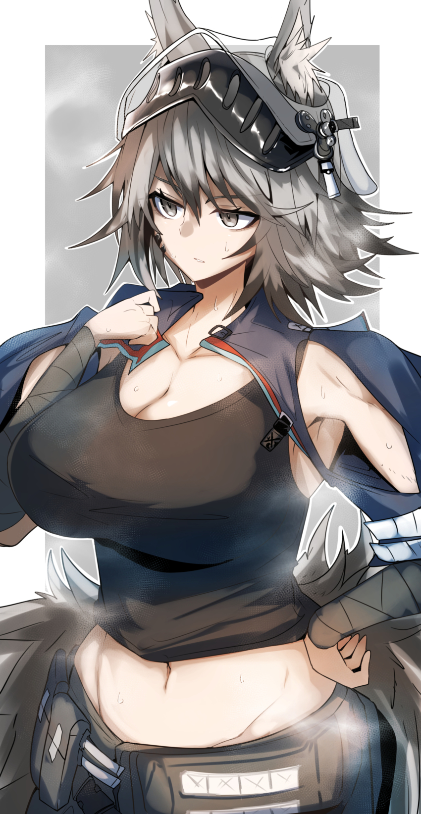 1girl, absurdres, animal_ears, arknights, ashlock_(arknights), ashlock_(elite_ii)_(arknights), breasts, cleavage, gin_moku, grey_eyes, grey_hair, hand_on_own_hip, helmet, highres, large_breasts, material_growth, midriff, navel, oripathy_lesion_(arknights), squirrel_ears, steaming_body, sweat, tank_top, visor_(armor)