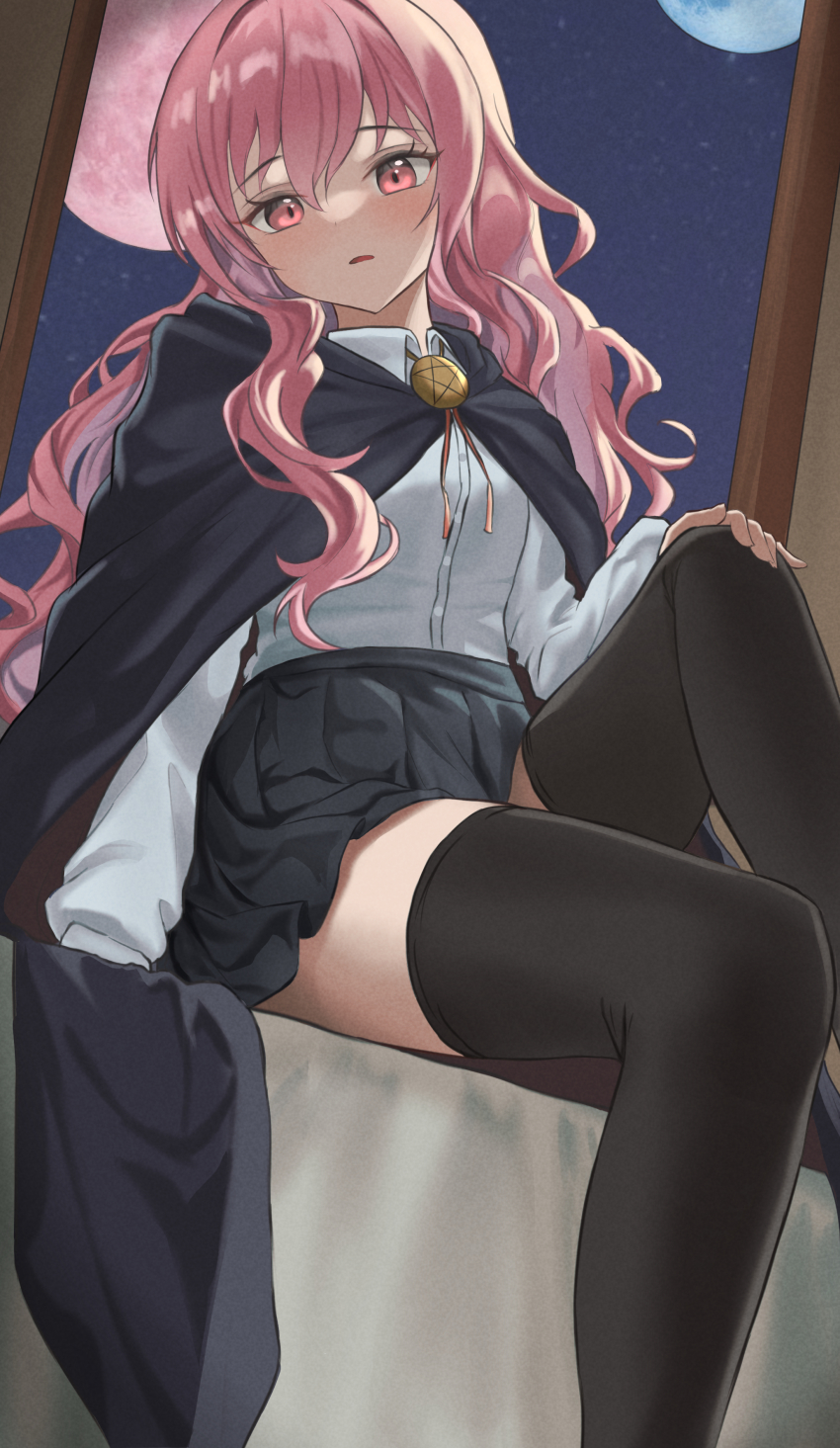 1girl, absurdres, black_cape, black_skirt, black_thighhighs, blouse, blush, cape, collared_shirt, dress_shirt, from_below, hair_between_eyes, highres, long_hair, long_sleeves, louise_francoise_le_blanc_de_la_valliere, miniskirt, moon, neck_ribbon, night, open_mouth, pink_eyes, pink_hair, pink_ribbon, pleated_skirt, ribbon, shirt, sitting, skirt, solo, straight_hair, thighhighs, ttusee5, very_long_hair, white_shirt, wing_collar, zero_no_tsukaima, zettai_ryouiki
