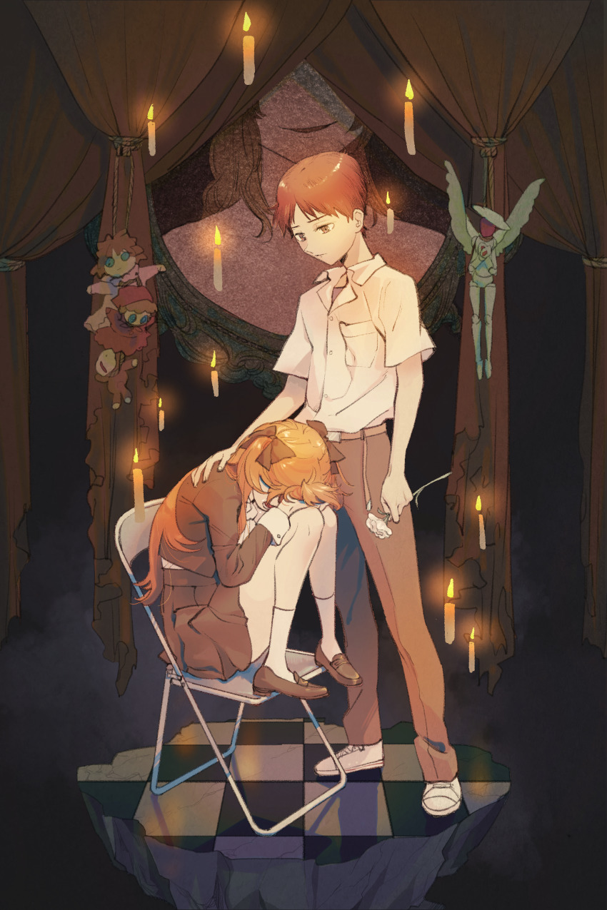 1boy, 1girl, absurdres, belt, bow, brown_eyes, brown_hair, kneehighs, candle, carnation, chair, curtains, doll, flower, folding_chair, hair_bow, hand_on_another's_shoulder, hands_on_own_face, highres, holding, holding_flower, ikari_shinji, knees_to_chest, loafers, long_hair, long_sleeves, looking_at_another, marionette, naimaze_atakamo, neon_genesis_evangelion, open_mouth, orange_hair, pants, pleated_skirt, popped_collar, portrait_(object), puppet, screaming, shoes, short_hair, short_sleeves, sitting, skirt, sleeve_cuffs, sneakers, souryuu_asuka_langley, tile_floor, tiles, twintails