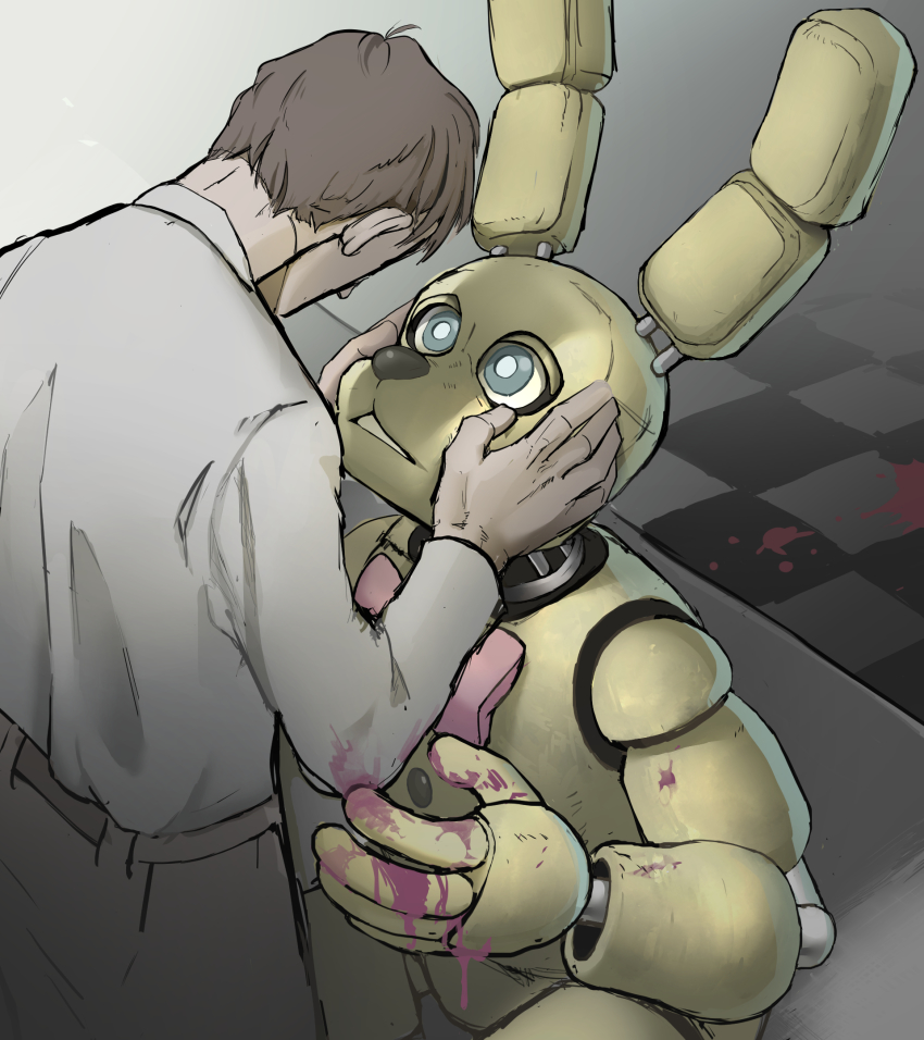 1boy, animal_ears, blood, blood_on_hands, blue_eyes, brown_hair, checkered_floor, dual_persona, five_nights_at_freddy's, five_nights_at_freddy's_3, highres, oyoso_goku, rabbit_ears, short_hair, spring_bonnie_(fnaf), william_afton