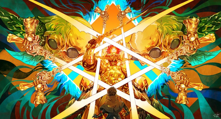 2boys, 4threset, au_ra, aura, cloak, disembodied_hand, emerald_weapon, fake_horns, final_fantasy, final_fantasy_xiv, gaius_van_baelsar, glowing, gunblade, helmet, highres, horned_headwear, horned_helmet, horns, mecha, multiple_boys, robot, sword, weapon