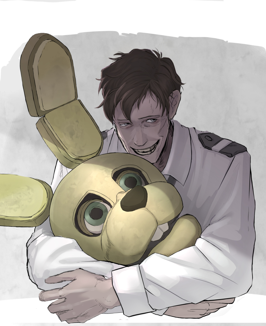 1boy, absurdres, animal_costume, brown_hair, evil_smile, five_nights_at_freddy's, highres, hugging_object