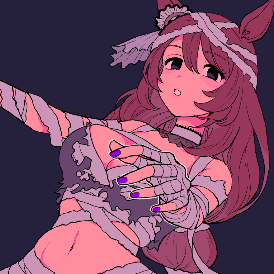 1girl, animal_ears, bandaged_arm, bandaged_hand, bandaged_head, bandages, blank_stare, blue_background