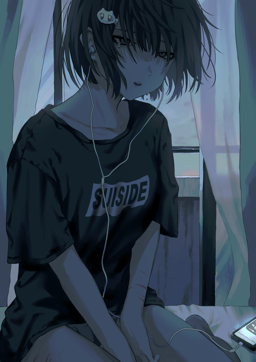 1girl, absurdres, bad_id, bad_pixiv_id, balcony, between_legs, black_hair, black_shirt, blouse, collarbone, cuts, earbuds, earphones, grey_eyes, grey_panties, hair_ornament, hairclip, hand_between_legs, highres, injury, lace, lace_panties, listening_to_music, nia_(x_x02), on_bed, open_window, original, panties, parted_lips, scar, self-harm, self-harm_scar, shirt, short_hair, sitting, solo, tears, teeth, underwear, window