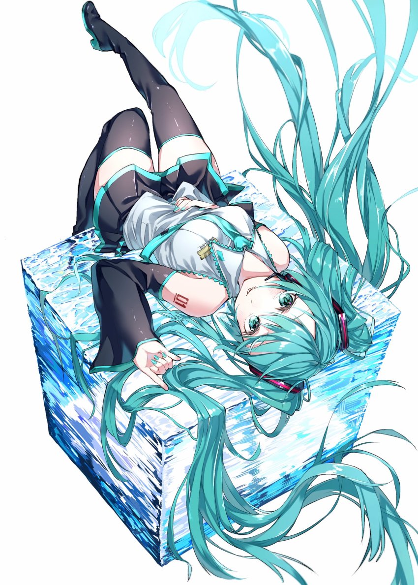 1girl, aiiro, bare_shoulders, black_boots, black_skirt, black_sleeves, blouse, blue_eyes, blue_hair, blue_nails, blue_necktie, boots, breasts, detached_sleeves, floating_hair, grey_shirt, hatsune_miku, headphones, headset, highres, ice, leg_up, light_blue_hair, long_hair, long_sleeves, lying, medium_breasts, miniskirt, nail_polish, necktie, on_back, pleated_skirt, shirt, simple_background, skirt, sleeveless, solo, thigh_boots, thighhighs, twintails, very_long_hair, vocaloid, white_background, wide_sleeves, zettai_ryouiki