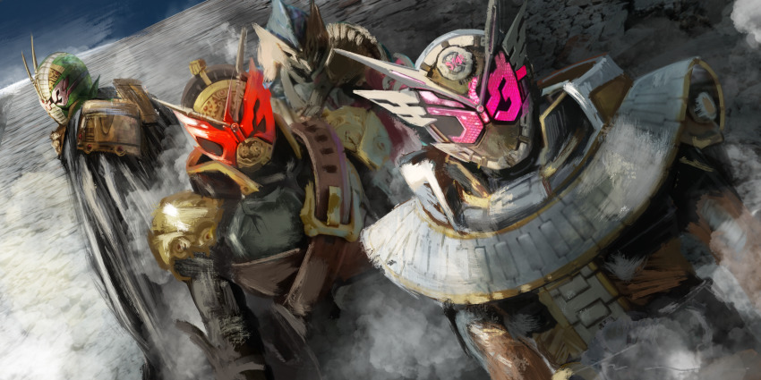 4boys, absurdres, alternate_costume, antennae, arm_blade, armor, back-to-back, belt, black_armor, black_cape, bodysuit, boots, buckle, cape, clock_hands, clockwork, commentary_request, compound_eyes, dark_background, dutch_angle, fins, future, gears, gloves, glowing, glowing_eyes, gold_trim, helmet, highres, horns, kamen_rider, kamen_rider_barlckxs, kamen_rider_zamonas, kamen_rider_zi-o, kamen_rider_zi-o_(series), kamen_rider_zi-o_ouma, kamen_rider_zi-o_the_movie:over_quartzer, kamen_rider_zonjis, katakana, loincloth, looking_at_viewer, male_focus, mask, multiple_boys, official_alternate_costume, pauldrons, pink_eyes, red_eyes, rider_belt, rider_watch, shoulder_armor, single_horn, tokusatsu, trait_connection, upper_body, vambraces, weapon, yellow_eyes, yygnzm, ziku_driver