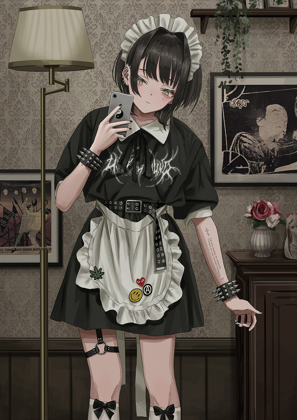 1girl, apron, belt, black_hair, bracelet, cellphone, closed_mouth, commentary