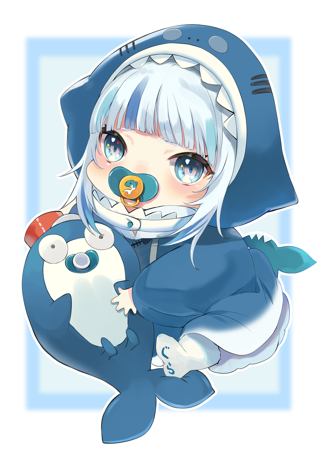 1girl, aged_down, baby, blue_background, blue_eyes, blunt_bangs, border, dadada