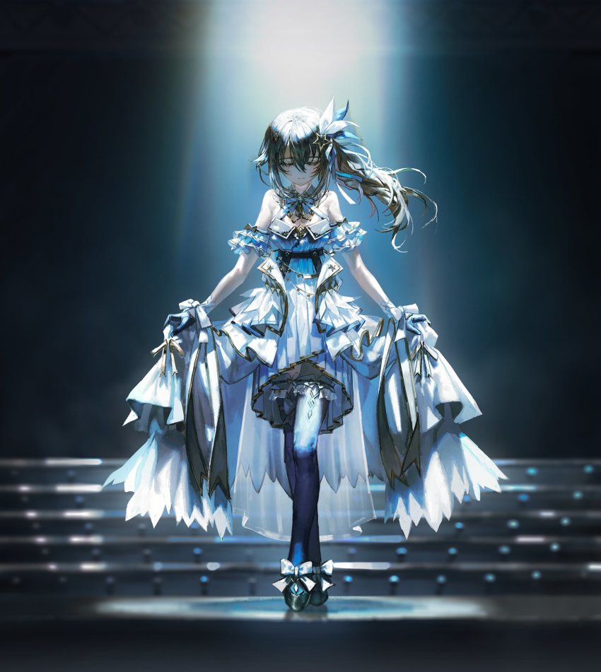 1girl, blue_theme, blue_thighhighs, bow, bowtie, brown_hair, closed_eyes, curtsey