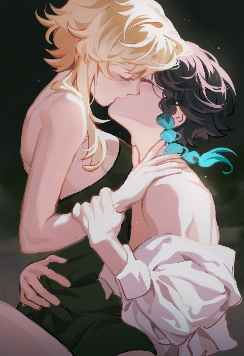 1boy, 1girl, absurdres, alternate_costume, androgynous, aqua_hair, arm_grab, backless_dress, backless_outfit, black_dress, black_hair, blonde_hair, blouse, braid, breasts, clothes_pull, dark_background, dress, closed_eyes, fridaynightcat, from_side, genshin_impact, gradient_hair, hand_on_another's_arm, hand_on_another's_ass, hetero, highres, kiss, long_sleeves, lumine_(genshin_impact), medium_breasts, medium_hair, multicolored_hair, shirt, shirt_pull, short_hair_with_long_locks, side_braid, sideboob, sitting, sitting_on_lap, sitting_on_person, sleeveless, sleeveless_dress, two-tone_hair, undressing, venti_(genshin_impact), white_shirt