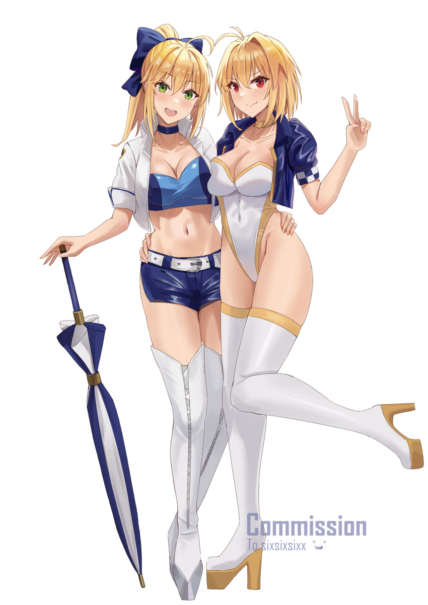 alternate_costume, arcueid_brunestud, artoria_pendragon_(fate), belt, blonde_hair, blue_jacket, blue_shorts, boots