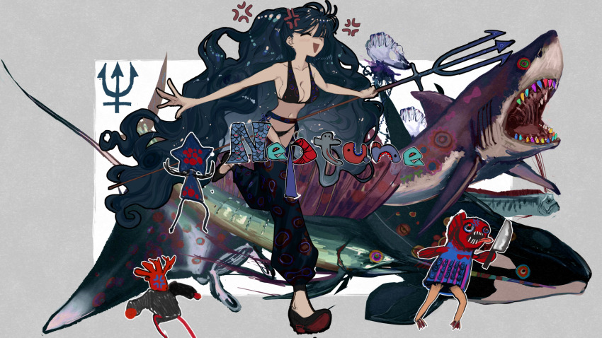 1girl, :d, anger_vein, big_hair, bikini, black_bikini, blue_hair, blush