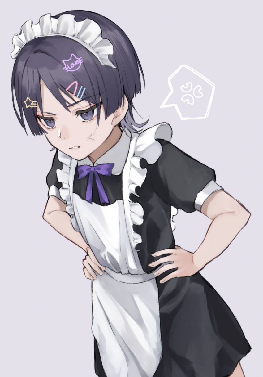 1boy, anger_vein, apron, black_hair, crossdressing, crossdressing_(mtf), genshin_impact, grey_background