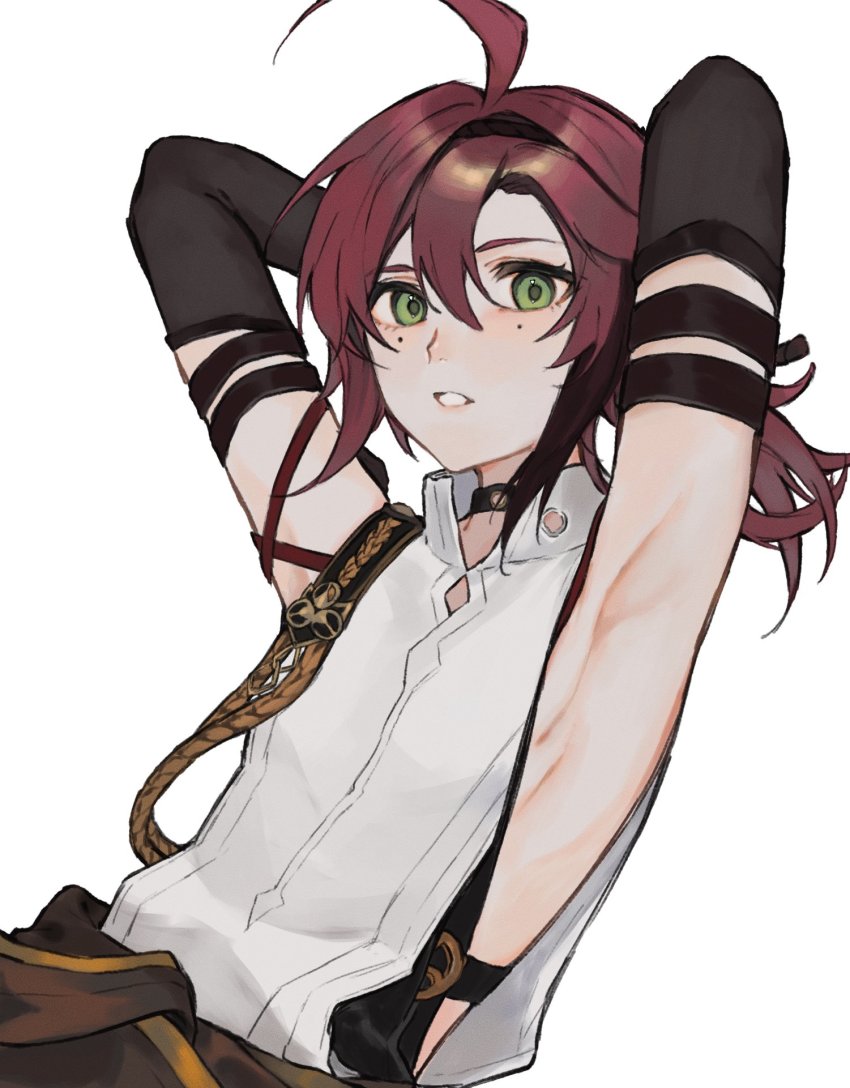 1boy, ahoge, armor, brown_hair, genshin_impact, green_eyes, highres, japanese_armor