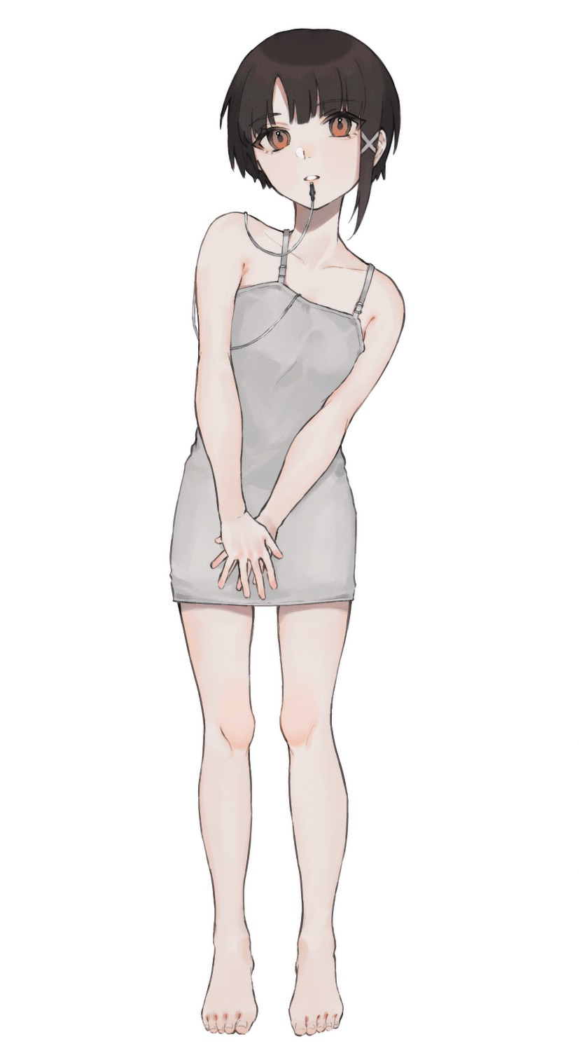 1girl, asymmetrical_hair, brown_hair, dress, full_body, hair_ornament, highres, iwakura_lain