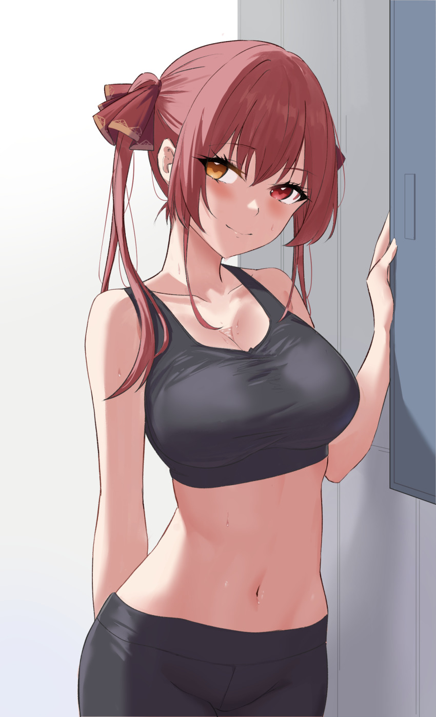 1girl, absurdres, arm_behind_back, bare_shoulders, black_pants, black_tank_top, blush, boyin