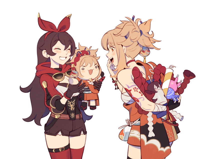 2girls, amber_(genshin_impact), arm_tattoo, bandaged_arm, bandages, blonde_hair, bracelet, brown_gloves