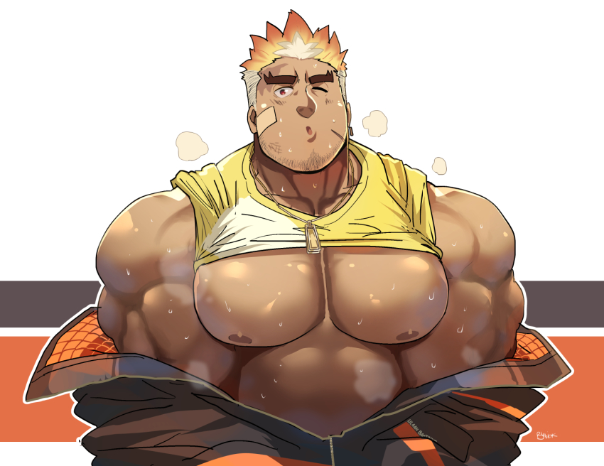1boy, :o, bandaid, bandaid_on_cheek, bandaid_on_face, bara, bare_pectorals, bare_shoulders, beard, belt, black_jacket, blouse, clothes_lift, dark-skinned_male, dark_skin, dog_tags, facial_hair, forked_eyebrows, goatee, jacket, jacket_partially_removed, jewelry, male_focus, multicolored_hair, multicolored_jacket, muscular, muscular_male, necklace, orange_hair, orange_jacket, partially_unzipped, pectorals, red_eyes, rybiok, scar, scar_on_face, shirt, shirt_lift, smile, solo, steaming_body, sweat, thick_eyebrows, tokyo_houkago_summoners, two-tone_hair, two-tone_jacket, ulaanbaatar_(housamo), upper_body, white_hair, yellow_shirt