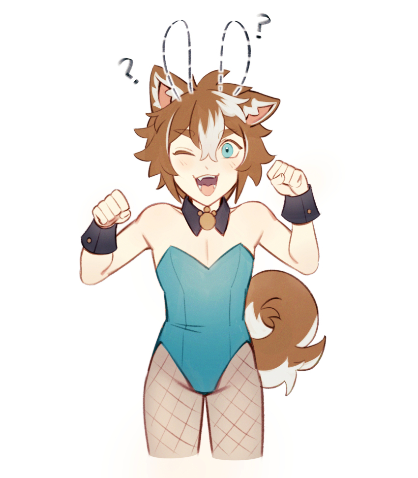 1boy, ?, animal_ears, aqua_eyes, aqua_leotard, brown_hair, cropped_legs, crossdressing, crossdressing_(mtf), detached_collar, dog_boy, dog_ears, dog_tail, fishnet_legwear, fishnets, genshin_impact, gorou_(genshin_impact), highres, leotard, lilyglazed, looking_at_viewer, male_focus, multicolored_hair, one_eye_closed, open_mouth, pantyhose, paw_pose, playboy_bunny, short_hair, smile, strapless, strapless_leotard, tail, trap, two-tone_hair, white_background, white_hair, wrist_cuffs