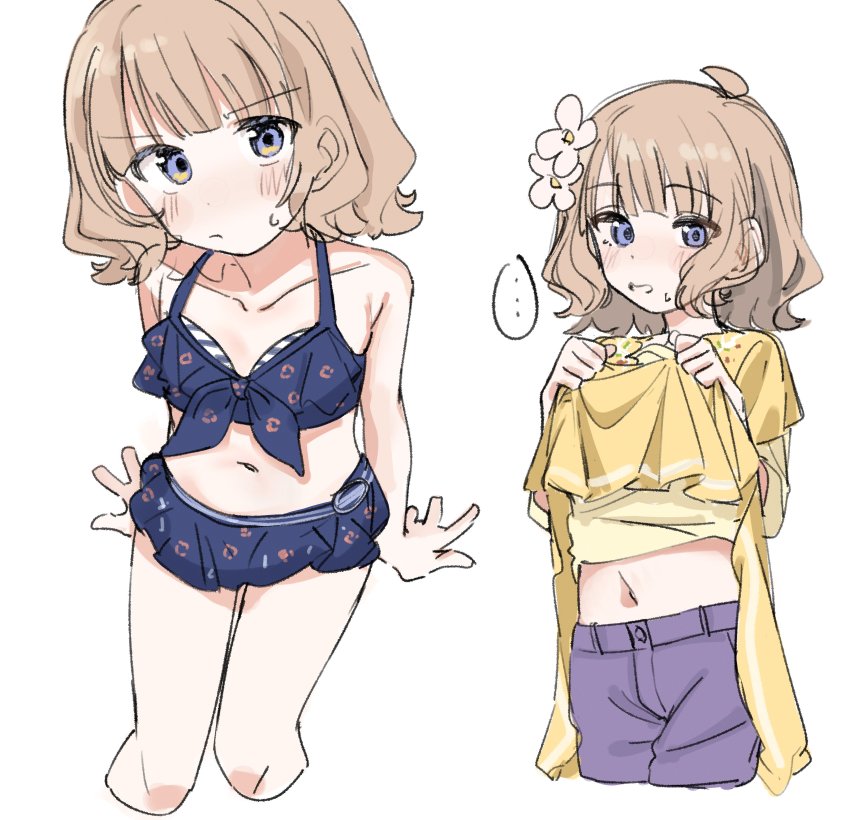 ..., absurdres, ahoge, arm_support, bikini, blue_bikini, blue_eyes, blue_pants