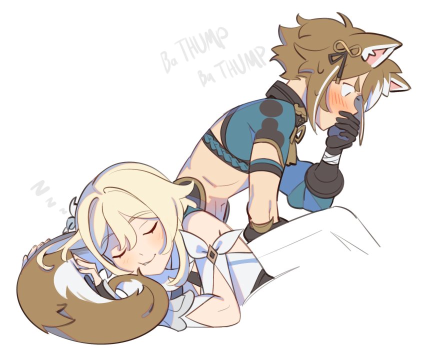 1boy, 1girl, animal_ears, asymmetrical_sleeves, black_gloves, blonde_hair, blush, brown_hair