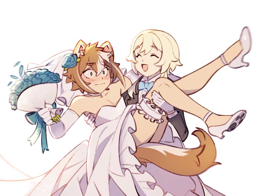 1boy, 1girl, ^_^, alternate_costume, animal_ears, aqua_eyes, bare_legs, blonde_hair, blue_flower, blue_rose, blush, bouquet, bride, brown_hair, carrying, choker, closed_eyes, couple, crossdressing, dog_boy, dog_ears, dog_tail, dress, elbow_gloves, flower, genshin_impact, gloves, gorou_(genshin_impact), groom, hair_flower, hair_ornament, high_heels, highres, holding, holding_bouquet, husband_and_wife, lilyglazed, lumine_(genshin_impact), multicolored_hair, paw_print_soles, princess_carry, reverse_princess_carry, role_reversal, rose, short_hair, tail, thigh_strap, two-tone_hair, wedding_dress, white_choker, white_dress, white_footwear, white_gloves, white_hair