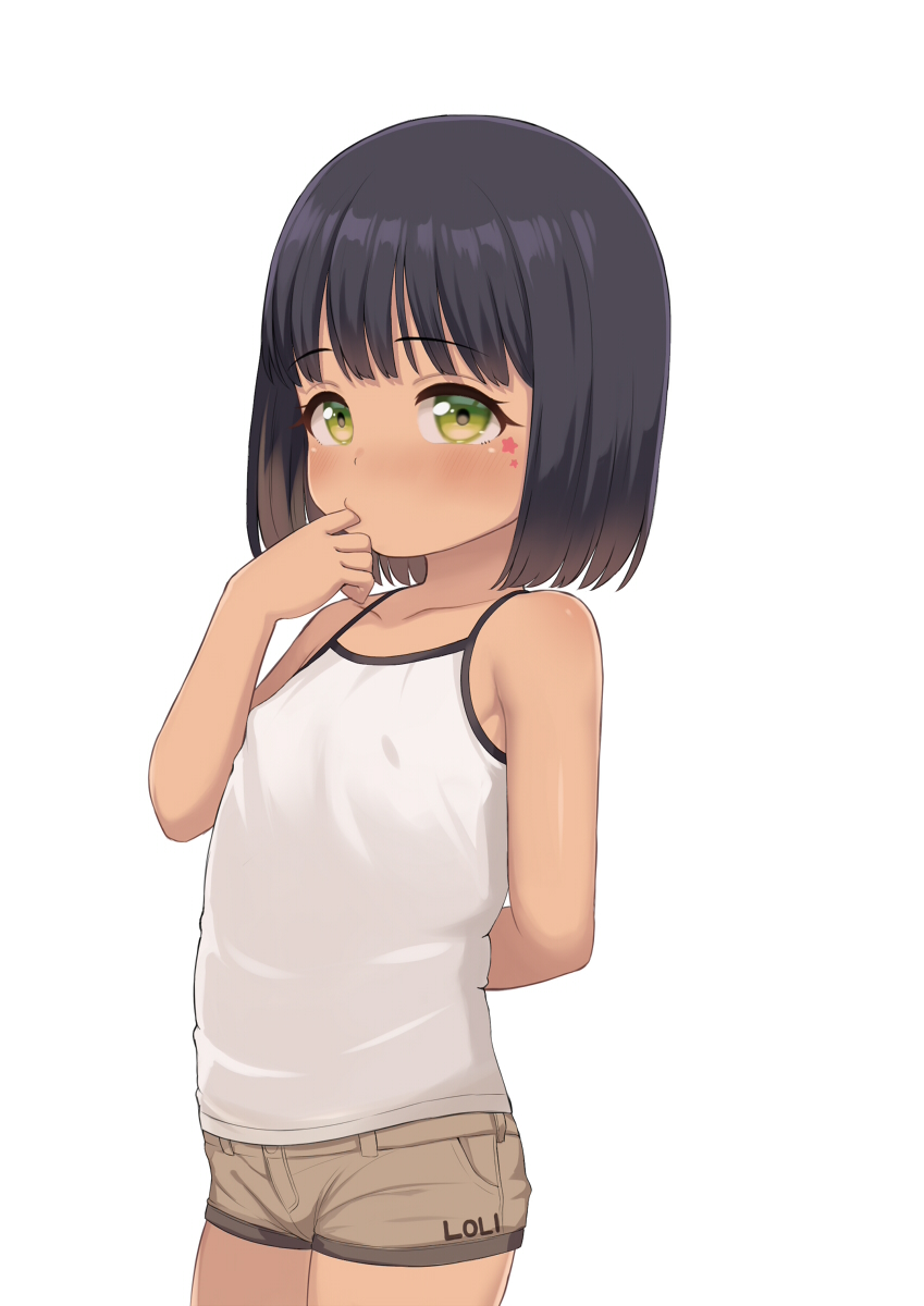 1girl, arm_behind_back, atg_(wttoo0202), bare_arms, bare_shoulders, black_hair, blush, bob_cut, brown_shorts, camisole, cowboy_shot, curious, dark-skinned_female, dark_skin, female_focus, finger_to_mouth, flat_chest, green_eyes, highres, legs_together, loli, looking_at_viewer, original, preschooler, short_hair, short_shorts, shorts, simple_background, sleeveless, solo, standing, tan, thighs, white_background, white_camisole