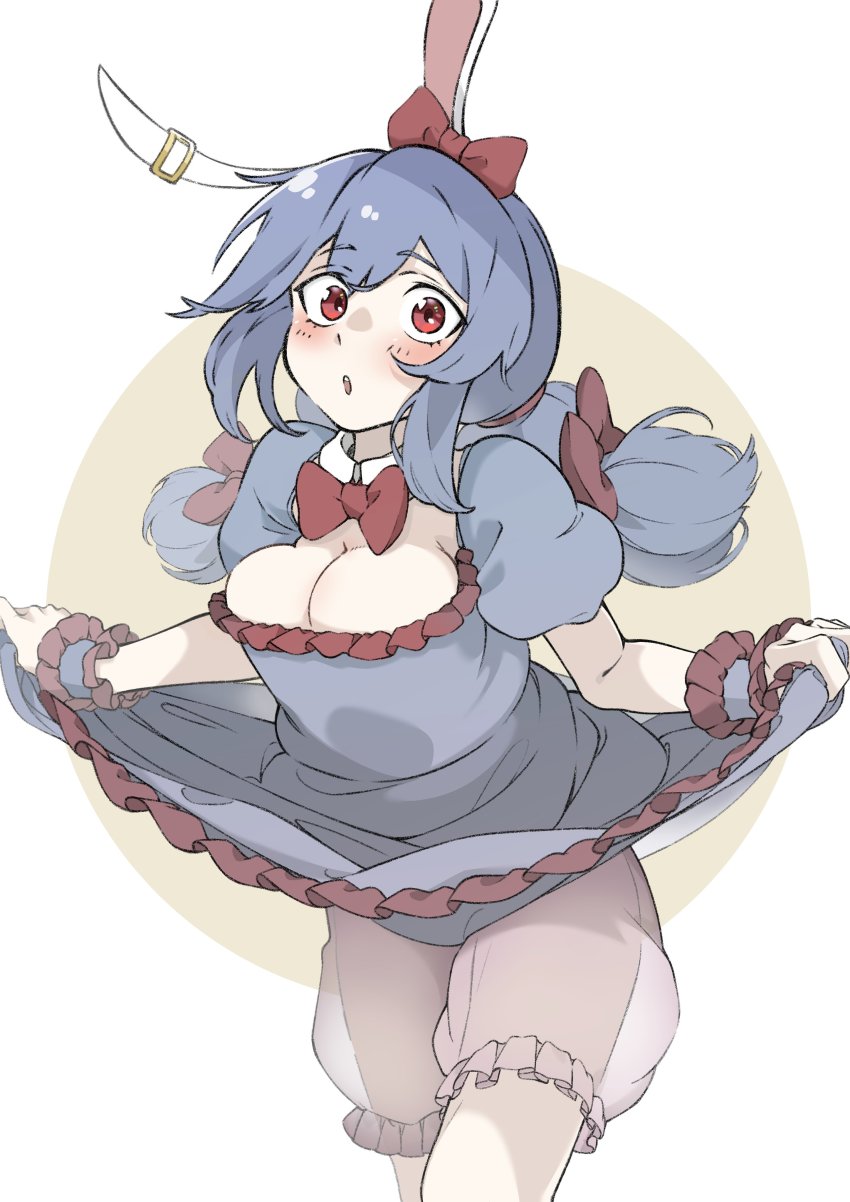 1girl, absurdres, adapted_costume, animal_ears, bloomers, blouse, blue_hair, blue_shirt