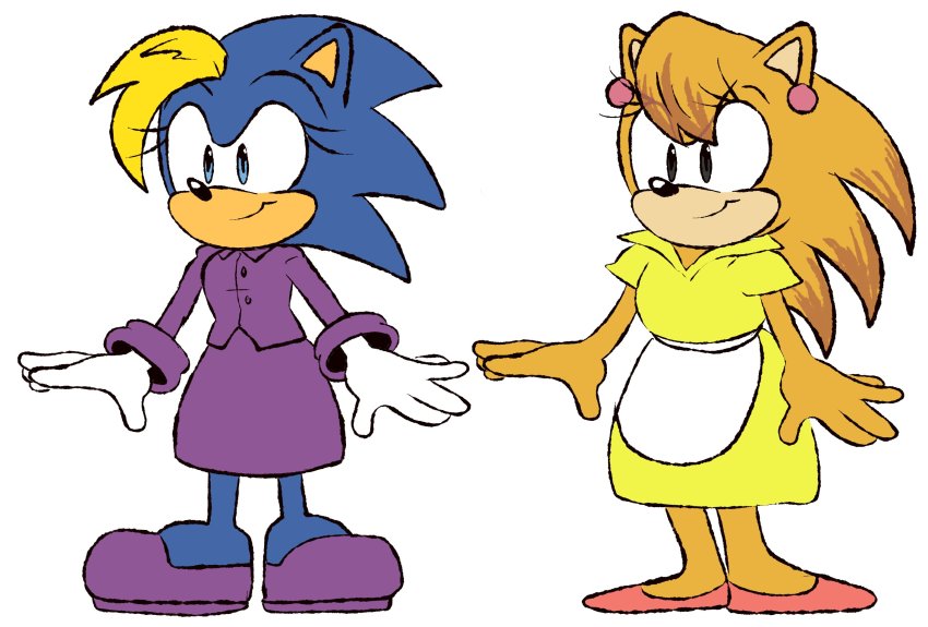 2girls, animal_ears, animal_nose, apron, bernadette_hedgehog, blonde_hair, blue_eyes, blue_fur, blue_hair, body_fur, breasts, brenda_(sonic), brown_fur, brown_hair, buttons, closed_mouth, collared_dress, collared_shirt, dress, earrings, female_focus, flat_color, full_body, furry, furry_female, gloves, happy, highres, jacket, jewelry, long_hair, long_sleeves, multicolored_hair, multiple_girls, purple_footwear, purple_jacket, purple_skirt, red_footwear, shirt, shoes, short_sleeves, sideways_mouth, simple_background, skirt, small_breasts, smile, sonic_(series), sonic_the_hedgehog_(manga), spiked_hair, standing, stellarspin, two-tone_fur, two-tone_hair, waist_apron, white_apron, white_background, white_gloves, yellow_dress