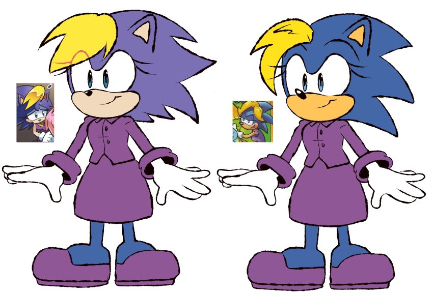 1girl, animal_ears, animal_nose, bernadette_hedgehog, blonde_hair, blue_eyes, blue_fur, blue_hair, body_fur, breasts, buttons, closed_mouth, collared_shirt, female_focus, flat_color, full_body, furry, furry_female, gloves, happy, highres, jacket, long_hair, long_sleeves, multicolored_hair, multiple_views, official_art_inset, purple_footwear, purple_fur, purple_hair, purple_jacket, purple_skirt, shirt, shoes, sideways_mouth, simple_background, skirt, small_breasts, smile, sonic_(series), spiked_hair, standing, stellarspin, two-tone_fur, two-tone_hair, white_background, white_gloves