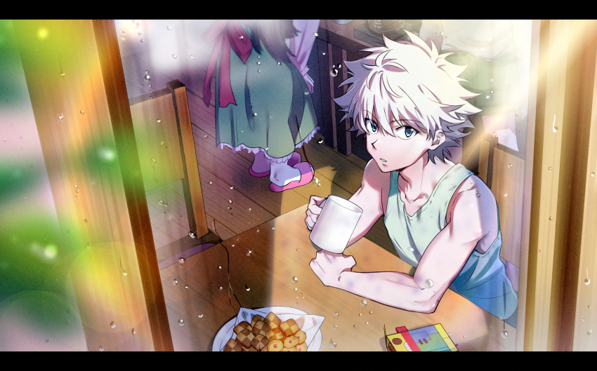 0shaya2, 1other, 2boys, alluka_zoldyck, bare_shoulders, blue_eyes, breakfast, chair, coffee, commentary_request, cup, day, dress, food, gon_freecss, green_dress, highres, hunter_x_hunter, killua_zoldyck, letterboxed, looking_at_viewer, looking_up, messy_hair, mug, multiple_boys, muscular, muscular_child, pink_slippers, plate, rain, shirt, siblings, sitting, slippers, solo_focus, spiked_hair, table, teeth, water_drop, white_hair, wooden_floor