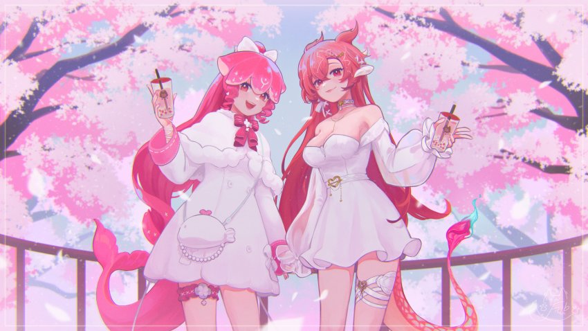 2girls, absurdres, bag, bao_the_whale, bao_the_whale_(winter), bow, bubble_tea, cetacean_tail, cloud9, commentary, creator_connection, cup, dragon_tail, dress, drinking_straw, english_commentary, fins, fish_tail, fubkzm, hair_bow, handbag, highres, holding, holding_cup, indie_virtual_youtuber, long_hair, multiple_girls, nail_polish, off-shoulder_dress, off_shoulder, official_alternate_costume, pink_hair, ponytail, tail, thigh_strap, vienna_(vtuber), vienna_(2nd_costume)_(vtuber), virtual_youtuber, white_bow, white_dress