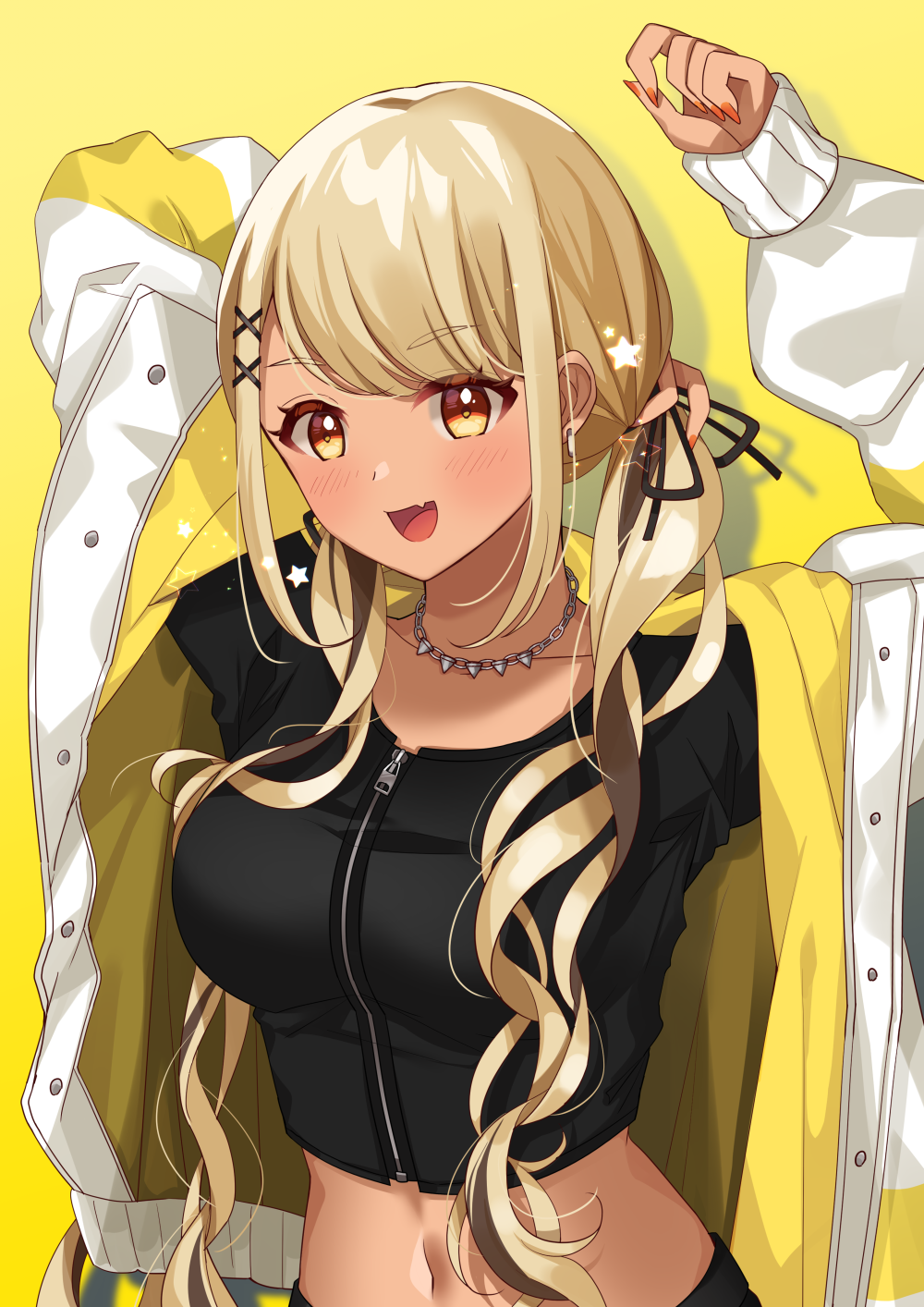 1girl, :d, arm_behind_back, black_jacket, black_ribbon, breasts, coat, collarbone