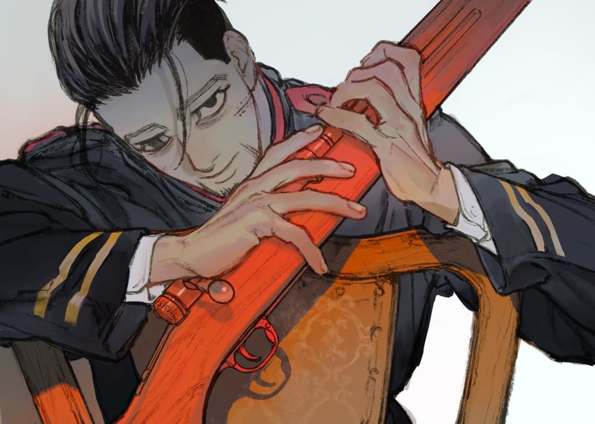 1boy, arisaka, black_eyes, black_hair, blue_vest, bolt_action, facial_hair, facial_scar