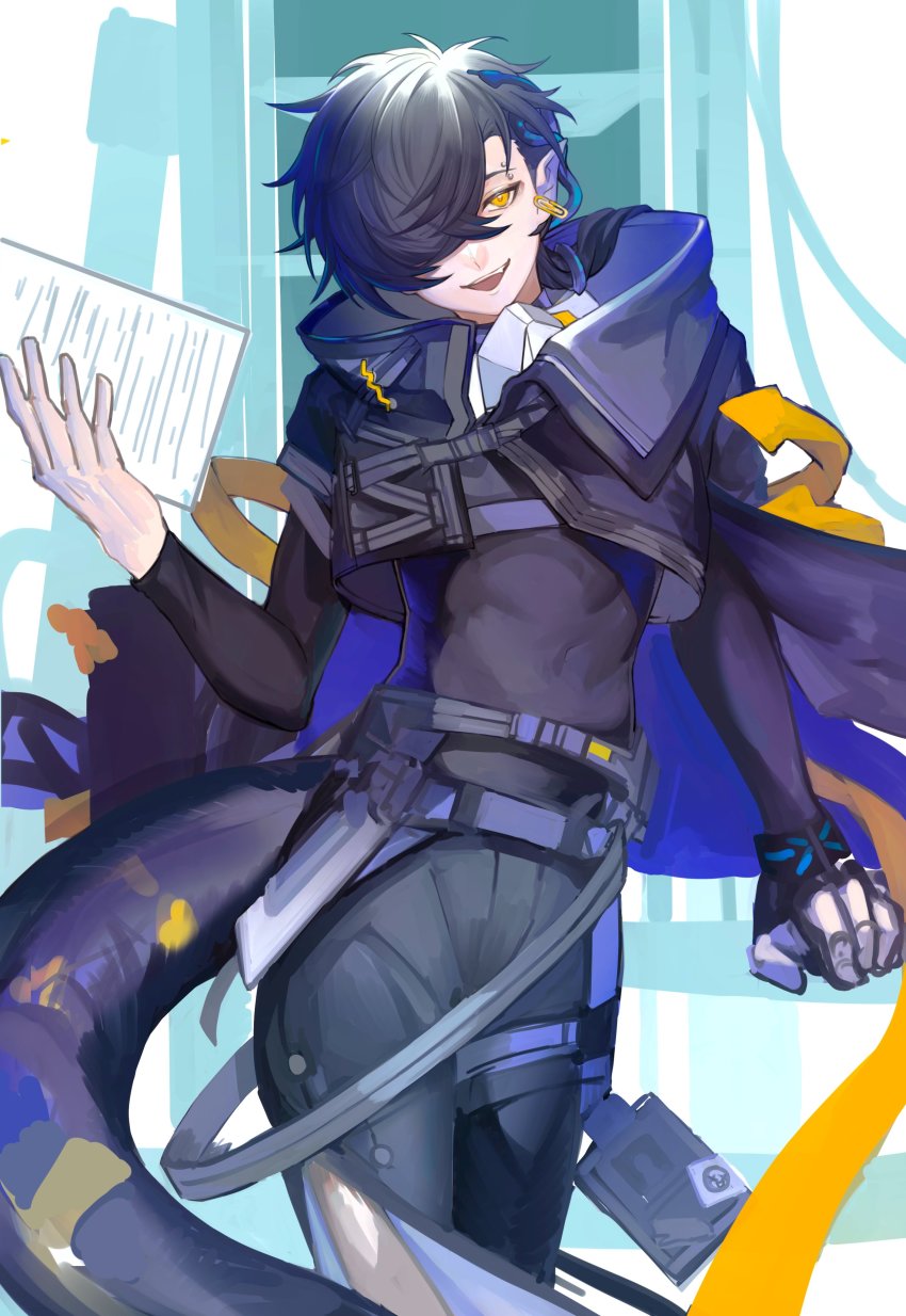 1boy, absurdres, arknights, arrow_(symbol), bishounen, black_hair, black_shirt, blouse