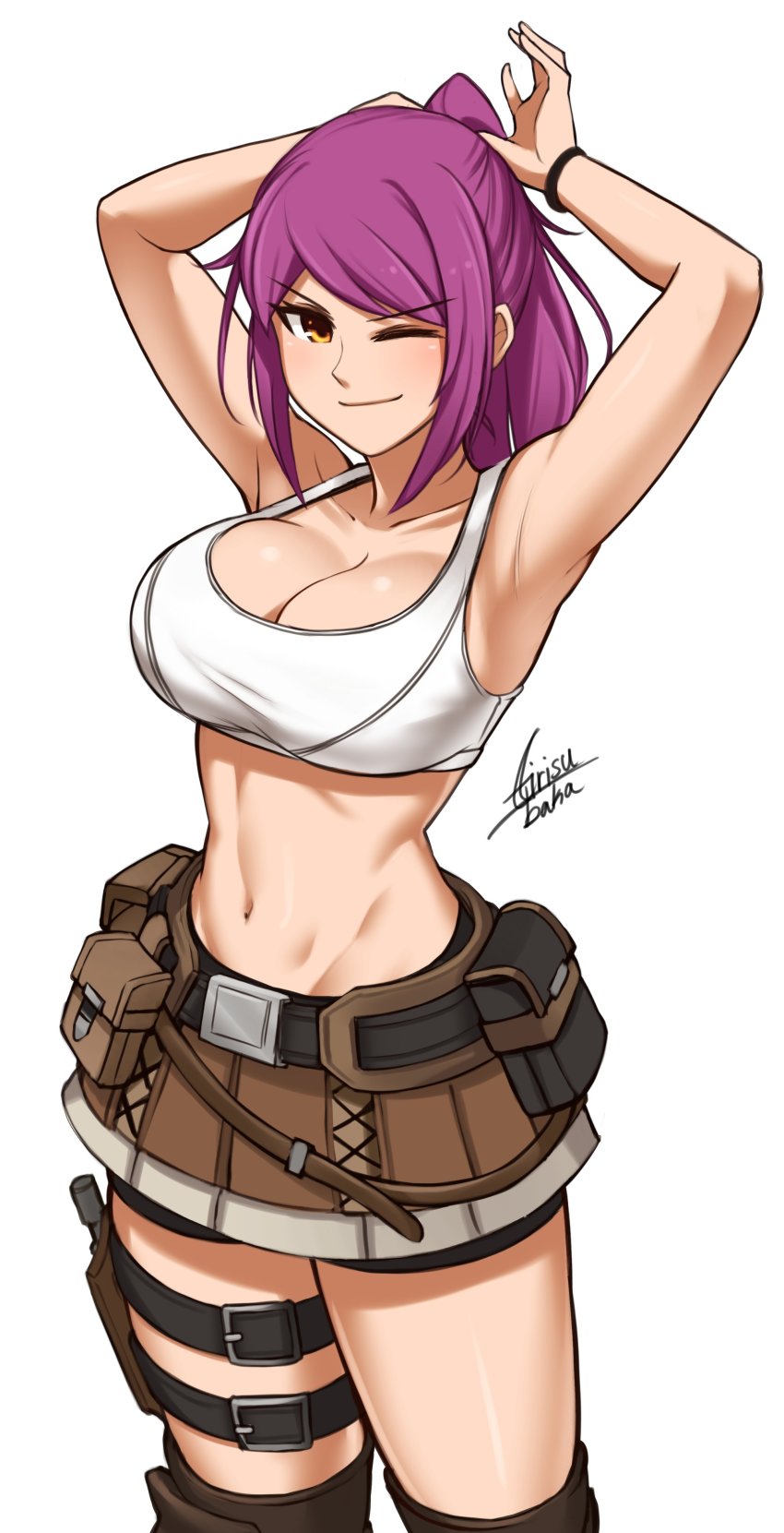 1girl, ;), absurdres, airisubaka, armpits, arms_up, artist_name, bare_arms