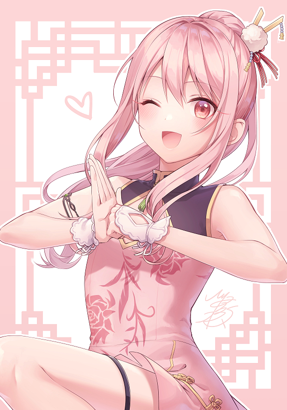 ;d, akiyama_mizuki, alternate_costume, china_dress, chinese_clothes, dress, fist_in_hand, hair_bun