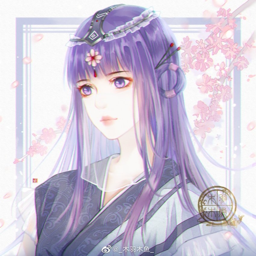1girl, expressionless, hair_ornament, hair_rings, hairpin, long_hair, looking_to_the_side, mu_yu_muyu, purple_eyes, purple_hair, qinshi_mingyue, shao_siming_(qin_shi_ming_yue), solo, upper_body, veil