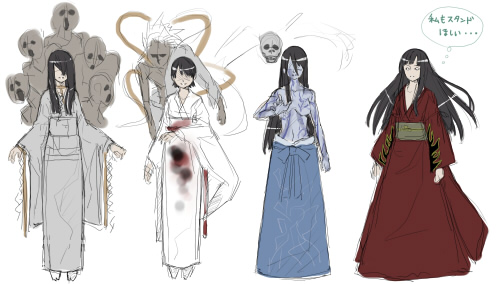 4girls, black_hair, blood, boss, demon, fatal_frame, fatal_frame_ii:_crimson_butterfly, fatal_frame_iii:_the_tormented, fatal_frame:_mask_of_the_lunar_eclipse, ghost, haibara_sakuya, hakama, hakama_short_skirt, hakama_skirt, japanese_clothes, kimono, kurosawa_sae, kusabi, long_hair, lowres, multiple_girls, rope, short_hair, skirt, tattoo, yukishiro_reika