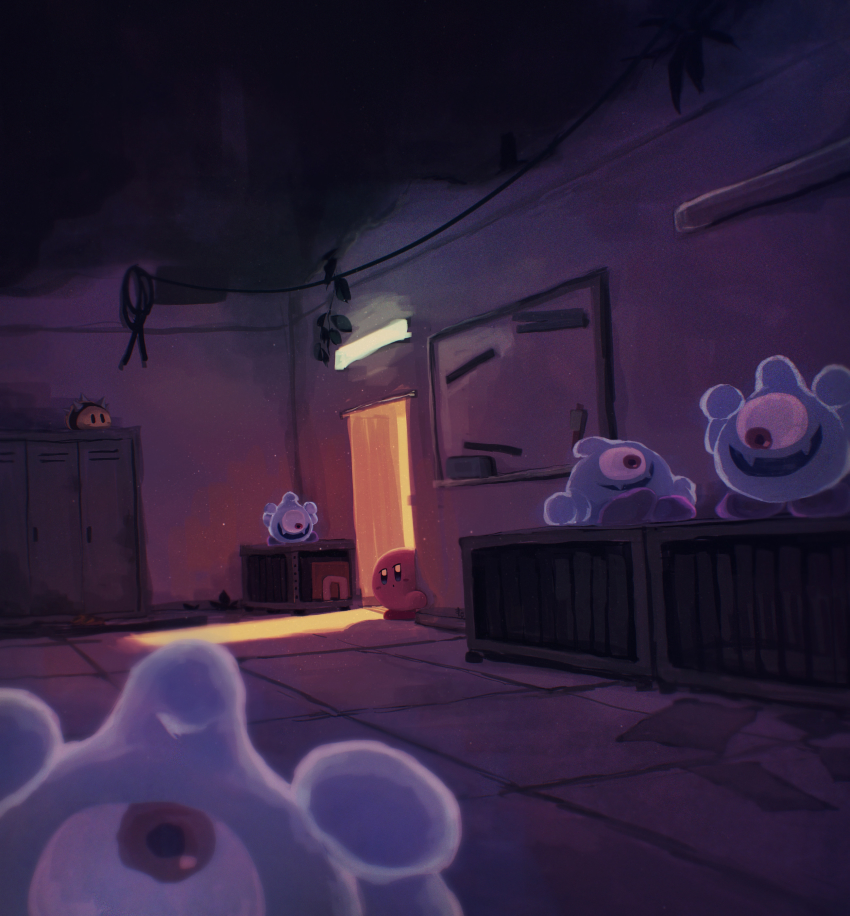 abandoned, absurdres, board, board_eraser, box, cable, dark, fang