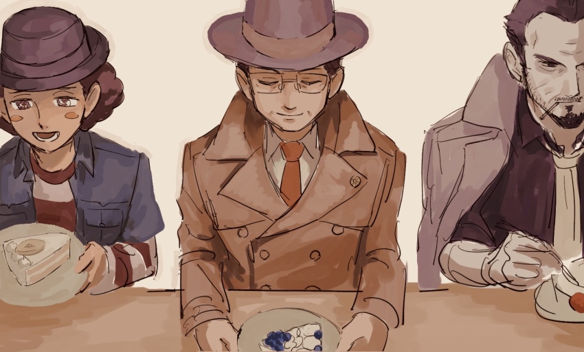 3boys, ace_attorney, ace_attorney_investigations, ace_attorney_investigations_2:_prosecutor's_gambit, black_hair, coat, coat_on_shoulders, eating