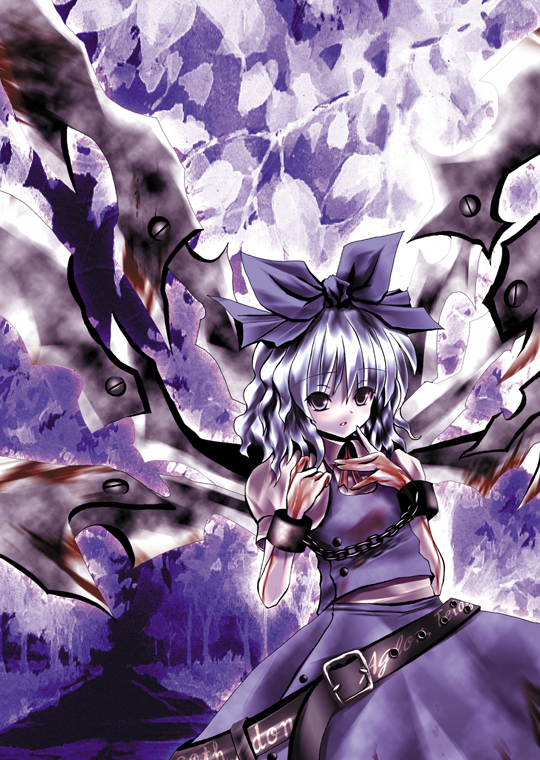 blood, blood_on_arm, blouse, blue_eyes, blue_hair, bow, cirno, collared_shirt