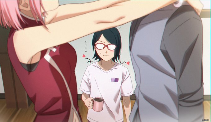 1boy, 2girls, arms_around_neck, bare_arms, black_hair, blouse, boruto:_naruto_next_generations, can't_choose_your_own_family, cup, embarrassed, father_and_child, father_and_daughter, glasses, grey_shirt, grey_vest, haruno_sakura, head_out_of_frame, holding, holding_cup, husband_and_wife, indoors, jacket, midriff, mother_and_child, mother_and_daughter, multiple_girls, naruto_(series), niku_(ni23ku), opaque_glasses, parent_and_child, parted_bangs, pink_hair, red-framed_eyewear, red_jacket, shirt, short_hair, sleeveless, sleeveless_jacket, stomach, sweatdrop, uchiha_sarada, uchiha_sasuke, vest, white_shirt, wooden_floor